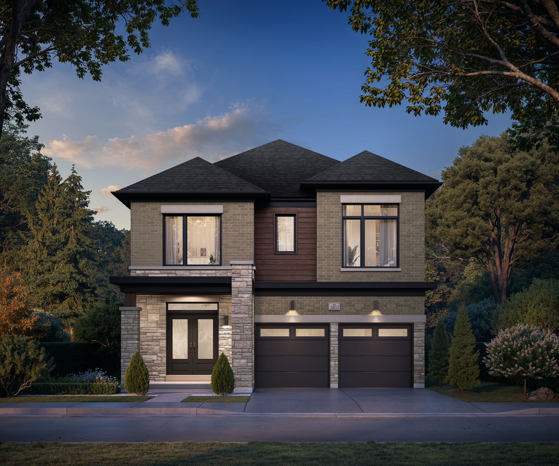 The Wrenfield, Elevation C at dusk — artist’s concept. Grand double-door entry and two-car garage as shown.